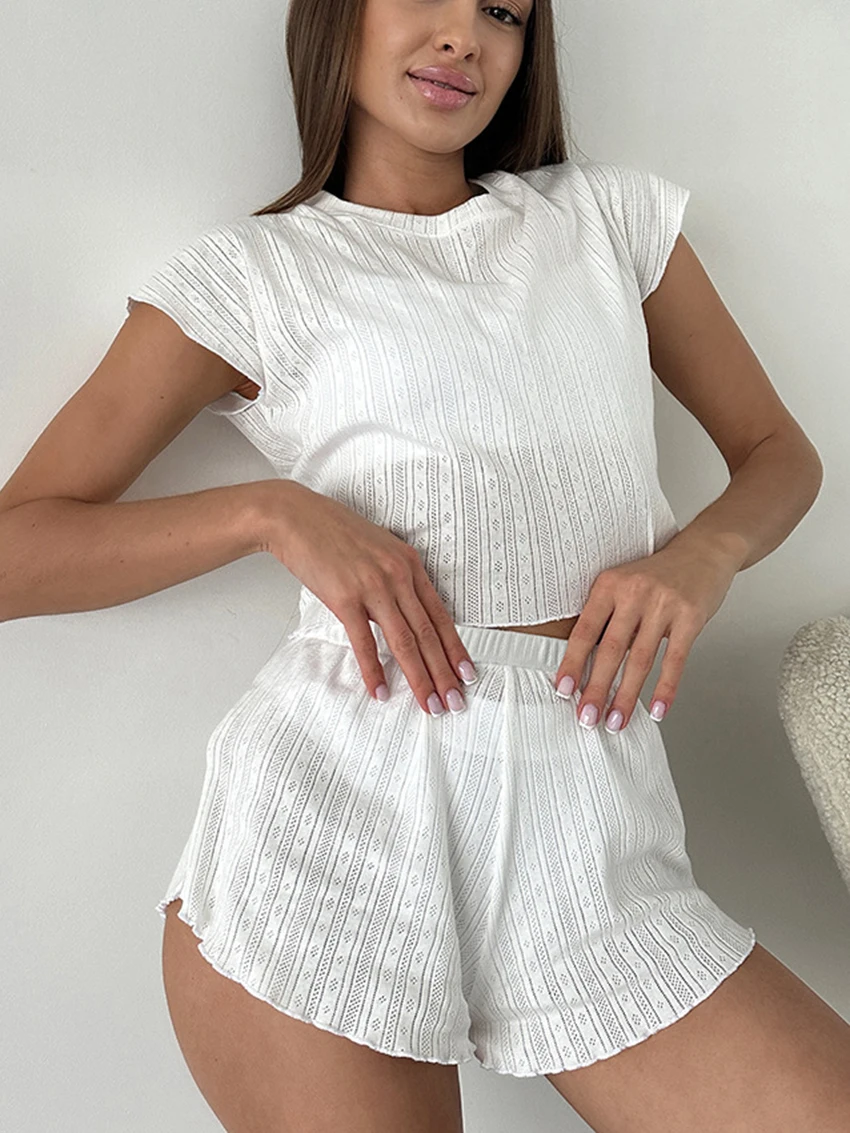 Marthaqiqi Summer Female Nightwear 2 Piece Suit O-Neck Sleepwear Short Sleeve Pajamas Crop Top Nightie Shorts Casual Pyjamas Set