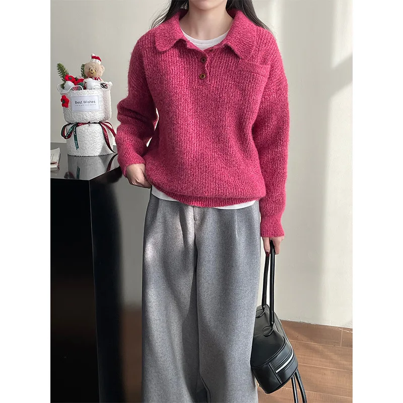 Berry Pink Polo's Sweater Loose Fitting Pullover Knit Sweater For Women Winter