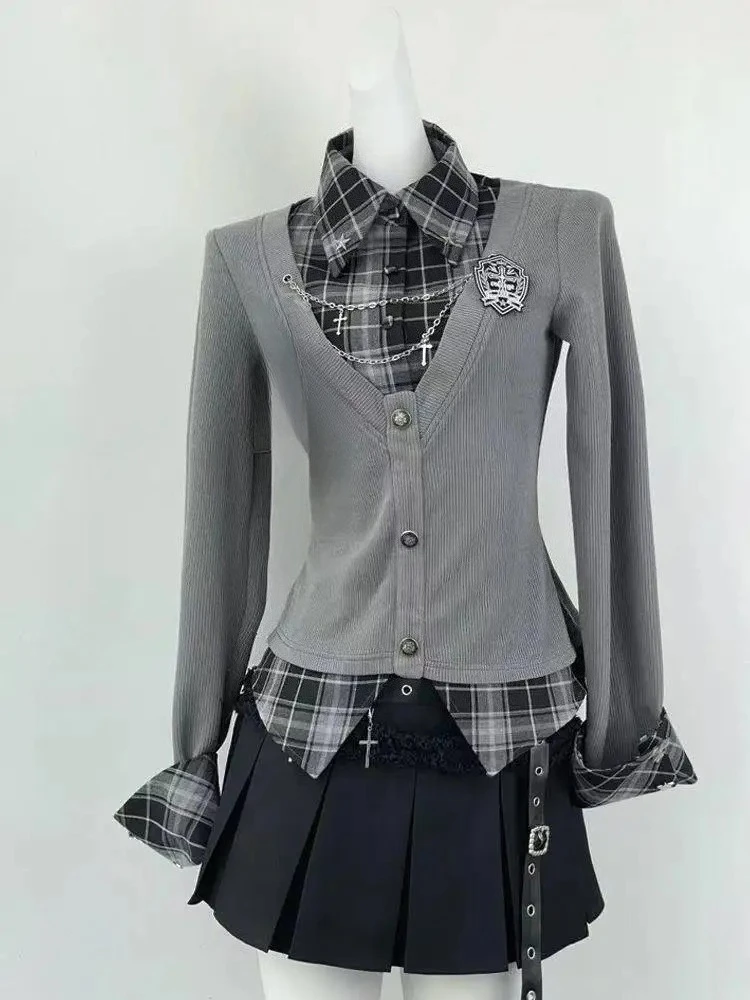 القوطية خمر 2 قطعة تنورة مجموعة حار الفتيات منقوشة المرقعة وهمية اثنين القمم شارع العليا Y2k تنورة صغيرة نمط Preppy مجموعة الموضة #6