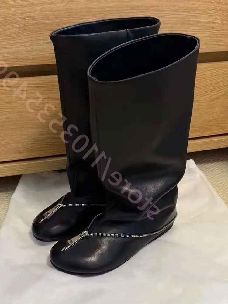 Women Grey Floral Print Flat Boots 2026 New Casual Comfortable Knee-High Round-Toe Zipper Boots Fashion Autumn & Winter Footwear