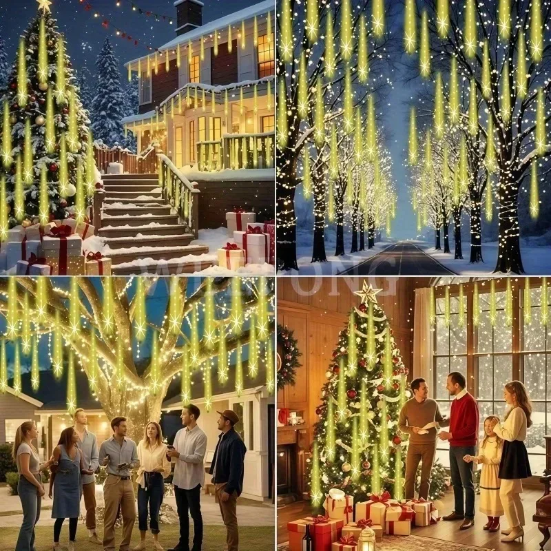 Solar Meteor Shower Lights Outdoor 8 Tube LED Falling Rain Icicle String Lights for Halloween Christmas Weddings Decorations
