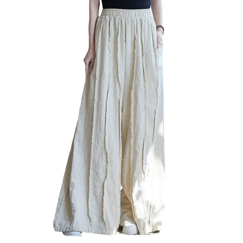 Wide Leg Pants Women Boho Style Loose Palazzo Ramie Cotton Trousers S