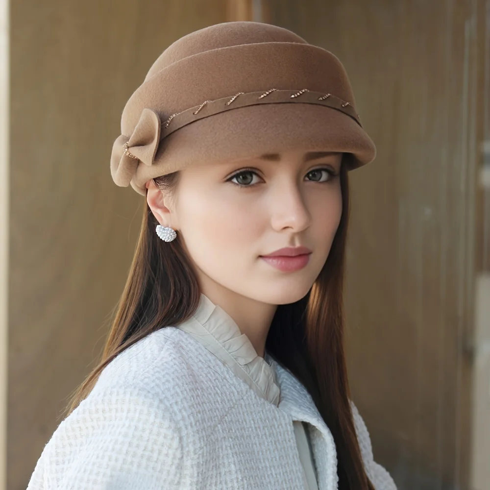 2024 New Hat Women\'s Style Bow Decoration Simple and Fashionable Ladies Style Pot Hat Winter Wool Hat