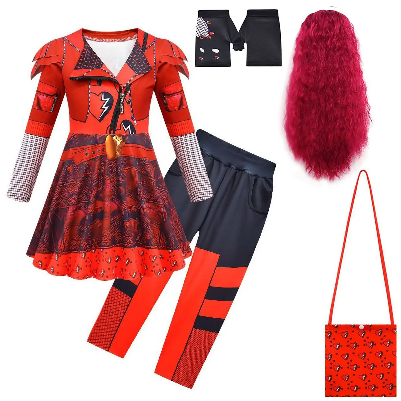 Kids The Rise of Red Costume Descendants 4-Role Red Cosplay Halloween Clothes for Girls Birthday Party Dress + Pants Wig Sets