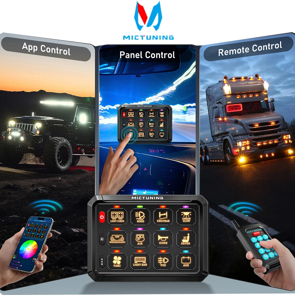 MICTUNING P1Y 12 Gang Circuit Box RGB Colors Toggle Switch Panel with Wireless Remote App Control for Truck RV Offroad Marine