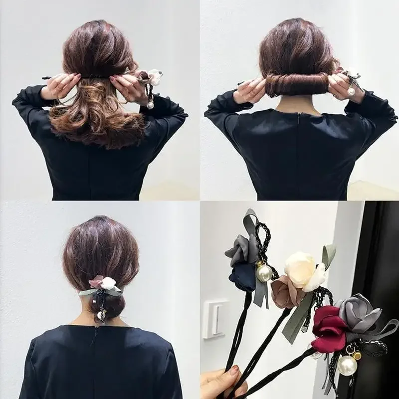 Kobiety eleganckie kwiaty duże perły włosy loki kok w stylu DIY do włosów urządzenie do pieczenia pączków wstążka damska moda akcesoria do narzędzie do robienia włosów