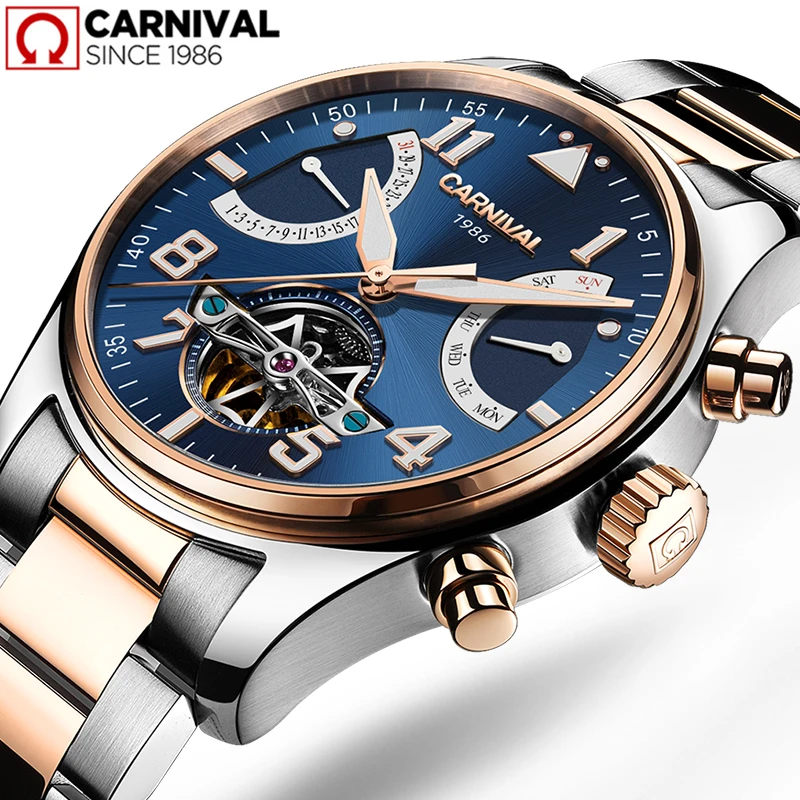 

Carnival IW Original Mens Fashion Casual Automatic Wristwatch Hollow Out Skeleton Self Wind Mechanical Calendar Luminous Hands