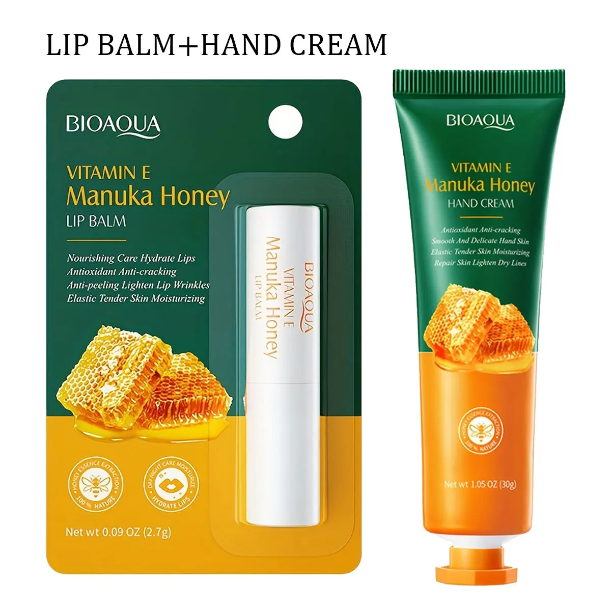 Crema de manos con miel y vitamina E + bálsamo labial que hidrata la piel para evitar la sequedad y ponerlo en tu bolsillo fácilmente para regalos navideños