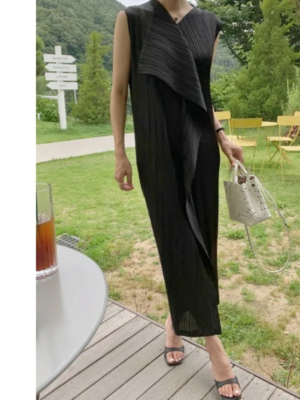 Korean Light Maturity Style Asymmetrical Drape Collar Front Slit Pleated Sleeveless Long Dress Women's Dress Citywalk H-Shape