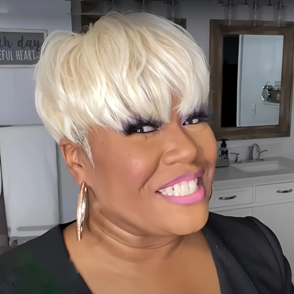 613 금발 컬러 스트레이트 인간의 머리 가발 여성용 픽시 컷 가발 전체 기계 제작 가발 150% 밀도 6인치