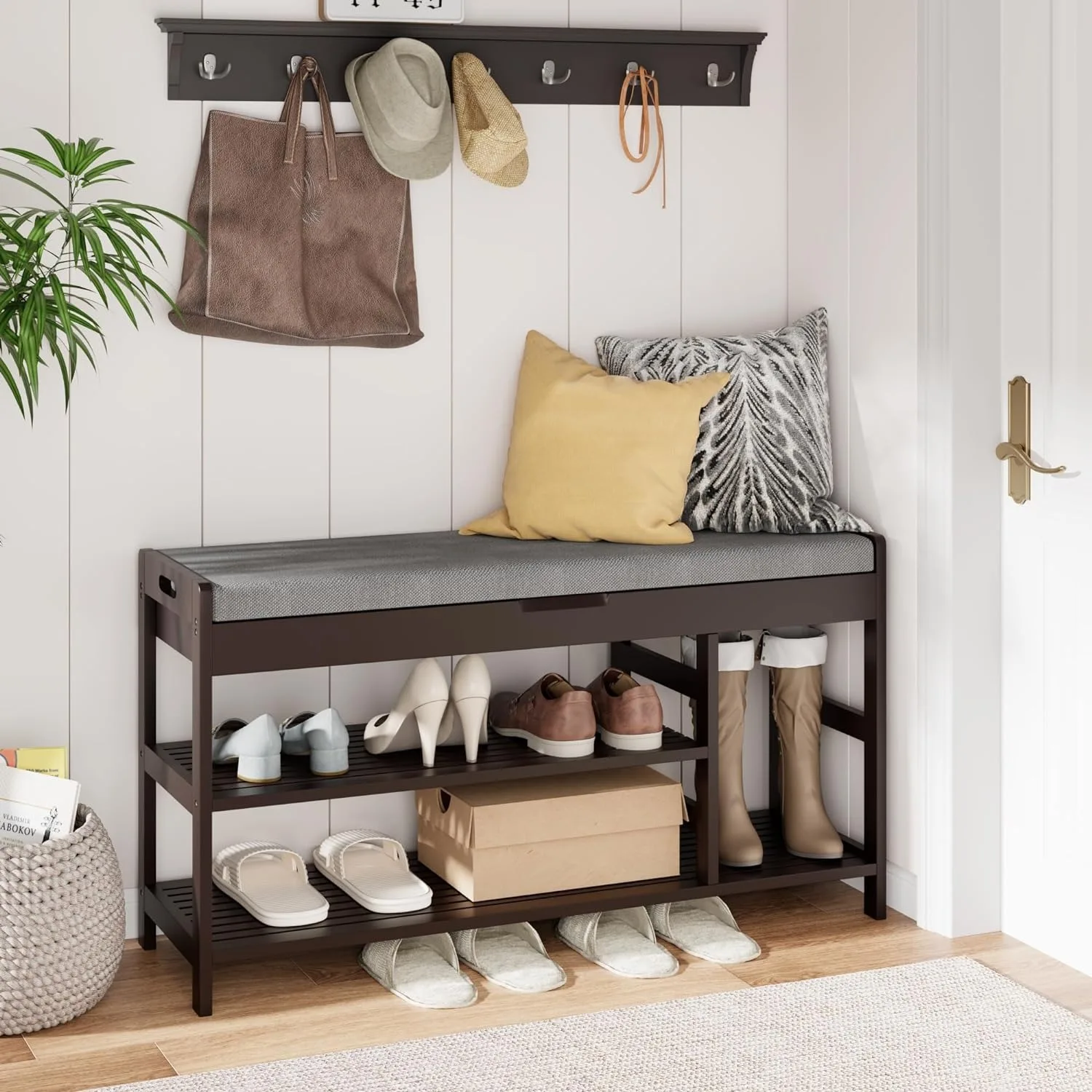 Shoe Bench, Entryway Storage Bench with Padded Cushion Bamboo Shoe Rack Bench with Flip Top for Entryway Mudroom Brown