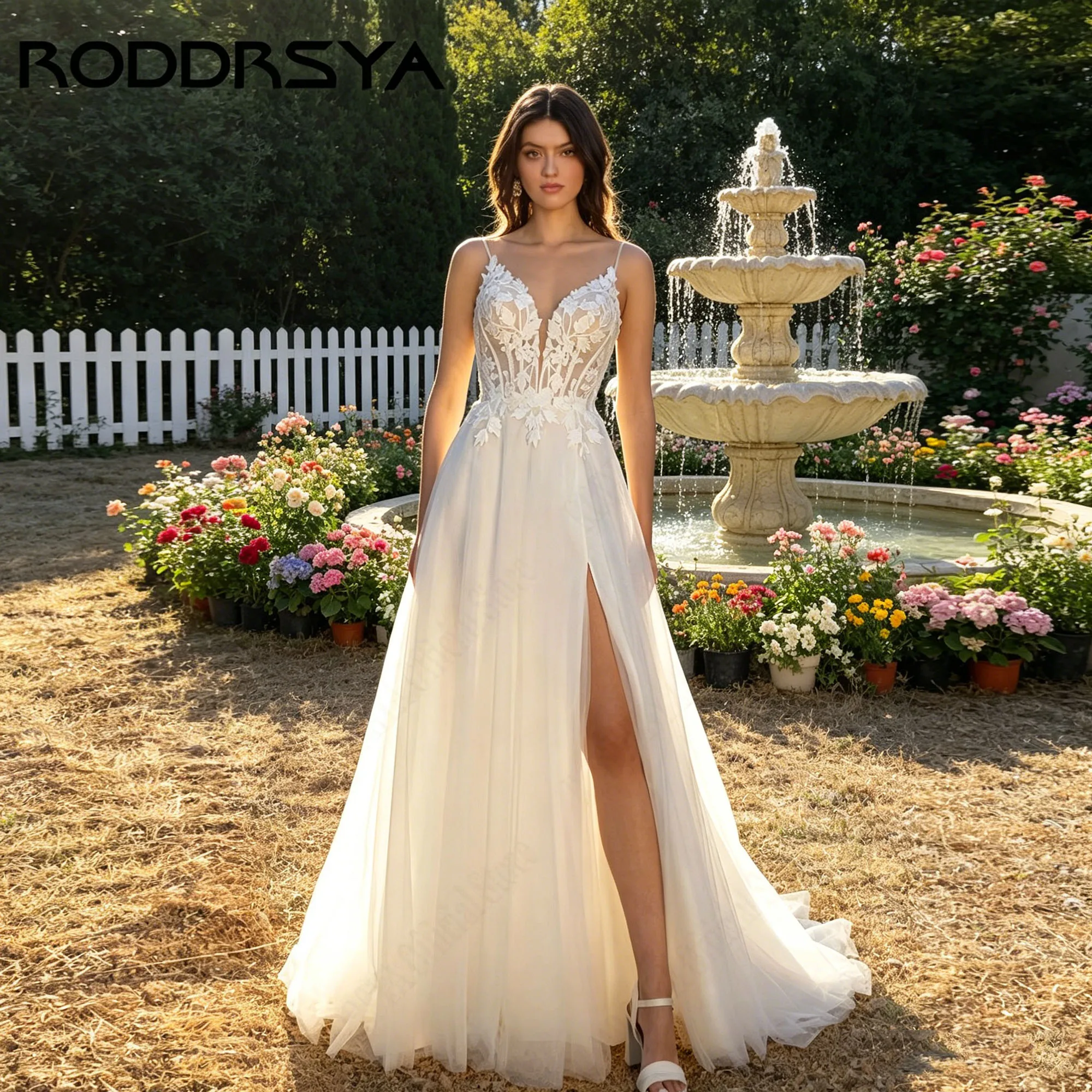 RODDRSYA Spaghetti Straps Wedding Dress A-line Side Slit V-neck Tulle Appliques Bridal Gown Elegant vestidos de novia Customized