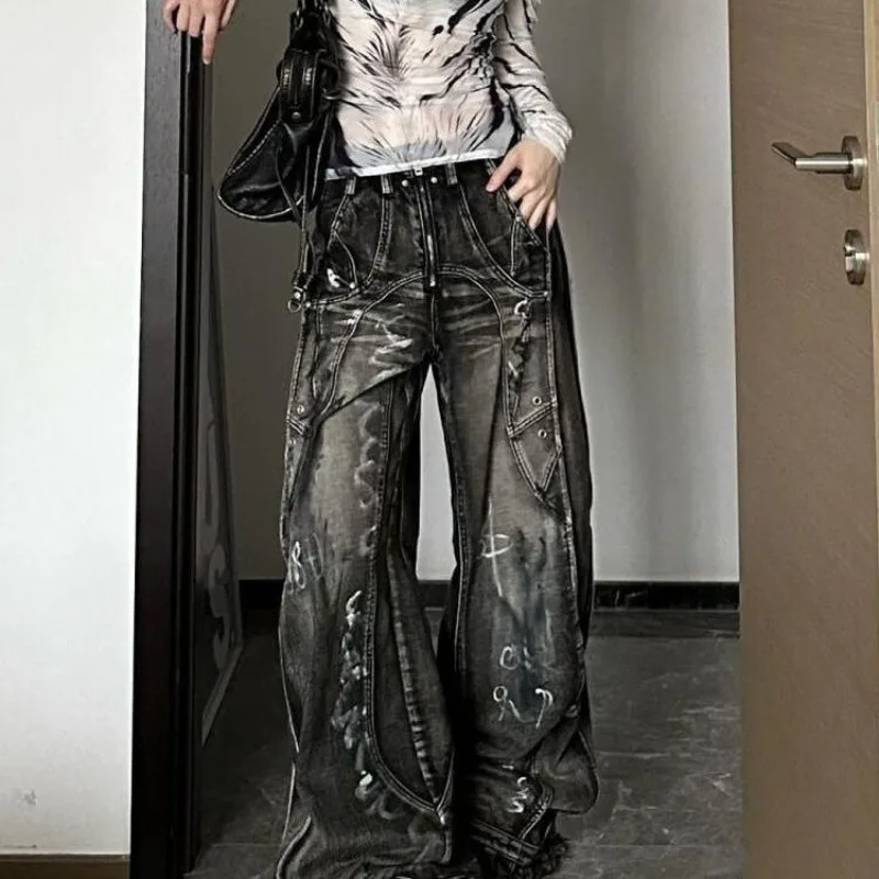 Women's Vintage Washed Zipped High Street Designed Straight Tie-dyed Jeans Graffiti Loose Pants Skinny Comfortable Sweatpants