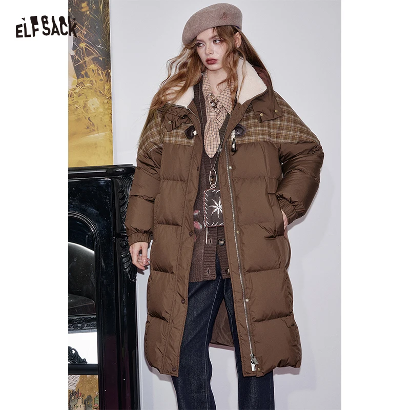 ELFSACK 2025 Winter New Arrivals Casual Coarse Knit Patchwork Plush Collar Long Down Coat For Woman