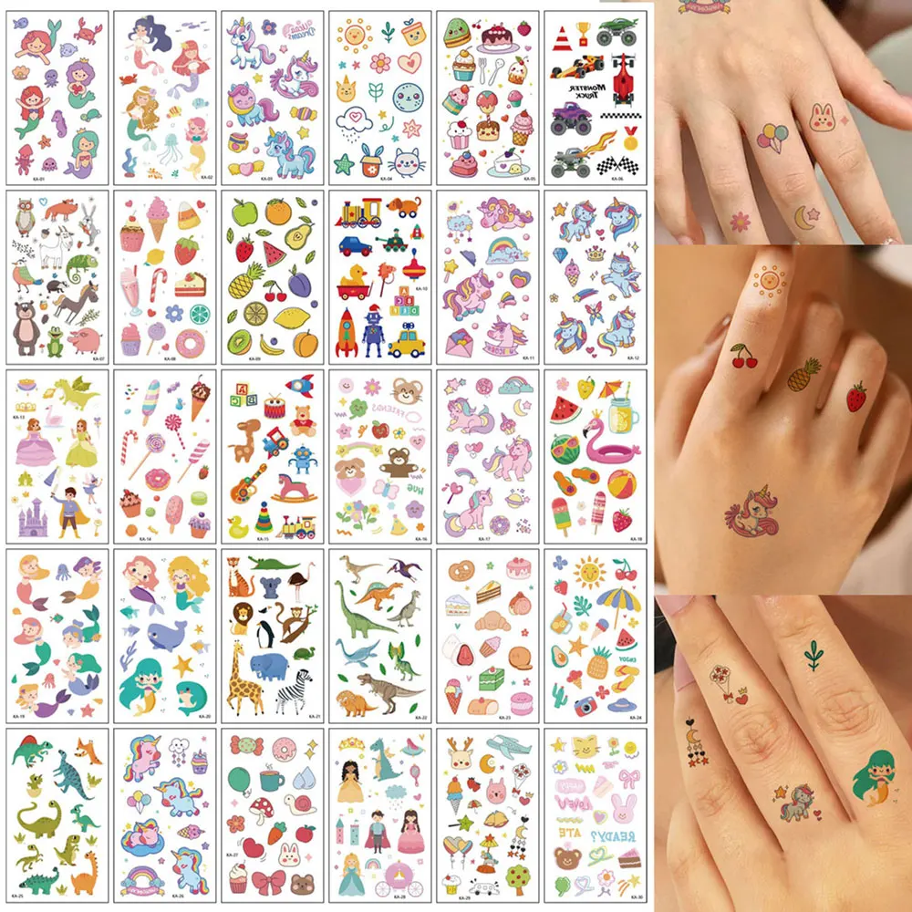 

30 шт. временных водонепроницаемых тату-наклеек: Единорог, Русалка, Автомобиль, Фрукты, Мультяшные тату-наклейки для рук и тела, фальшивые татуировки