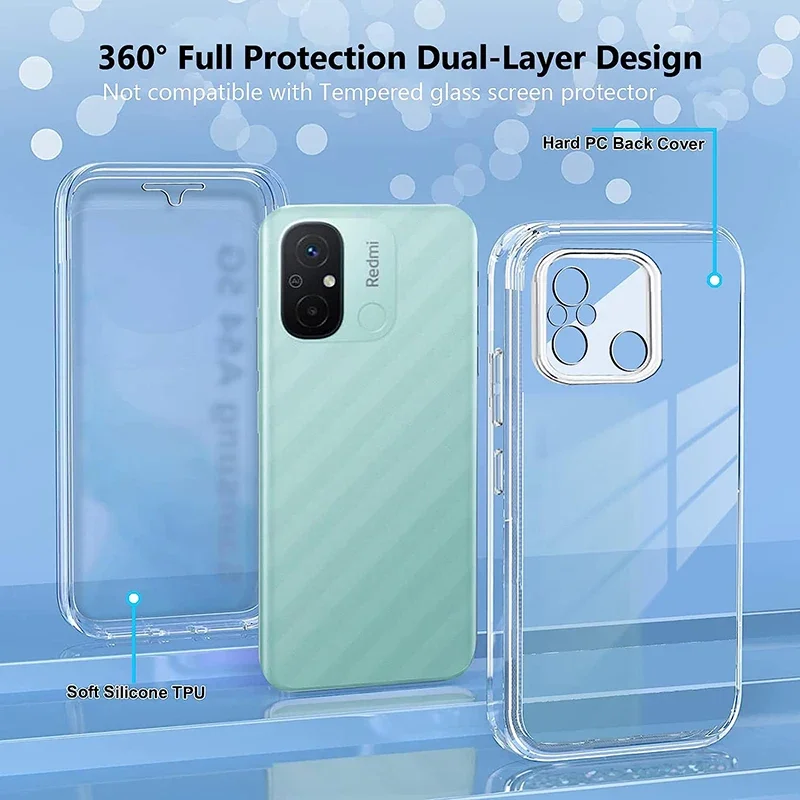 360° Full Body Cover Phone Case For Xiaomi Redmi 12C Clear Hybrid Hard Cover Soft Silicone Shell Redmi 12 C 2023 Ultra Thin Capa