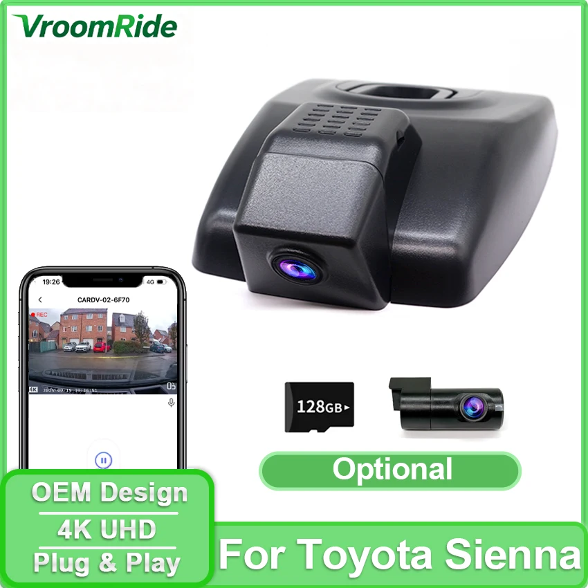 4K Dashcam 2160P Front and 1080P Rear Recorder Car Cam For Toyota Sienna 2021~2024 2025 2026 (XL40) Night Vision & APP Control