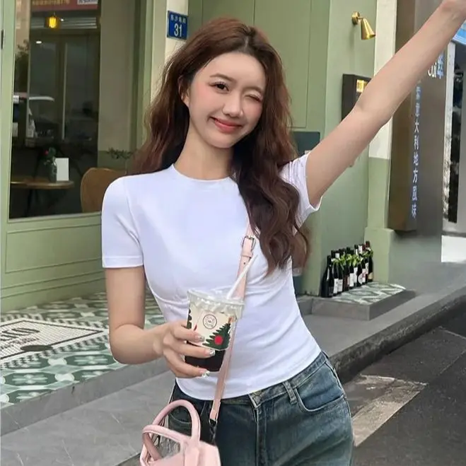 Summer Short Sleeve Head Short Slim High Waist Cotton Tight Round Neck Positive Shoulder White Tees Patchwork Soft Blouse