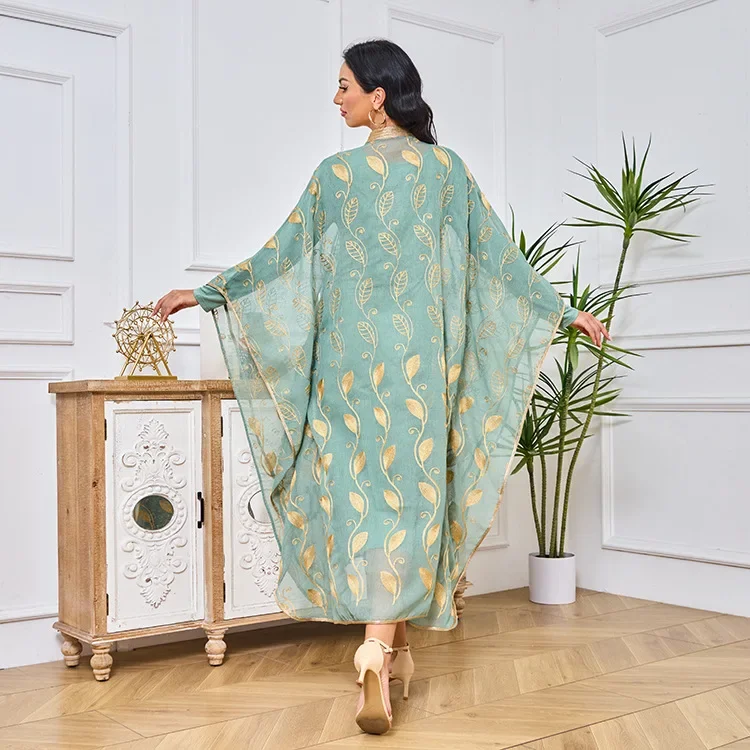 2 Pcs Sets Jalabya Arabic Batwing Sleeves Dress Gold Embroidery Light Green Chiffon Mesh Summer Muslim Dress