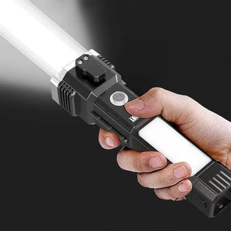 USB Charging 4-in-1 Bright Flashlight With Safety Hammer Side Light Torch Light Portable Lantern Outdoor Adventure Lighting