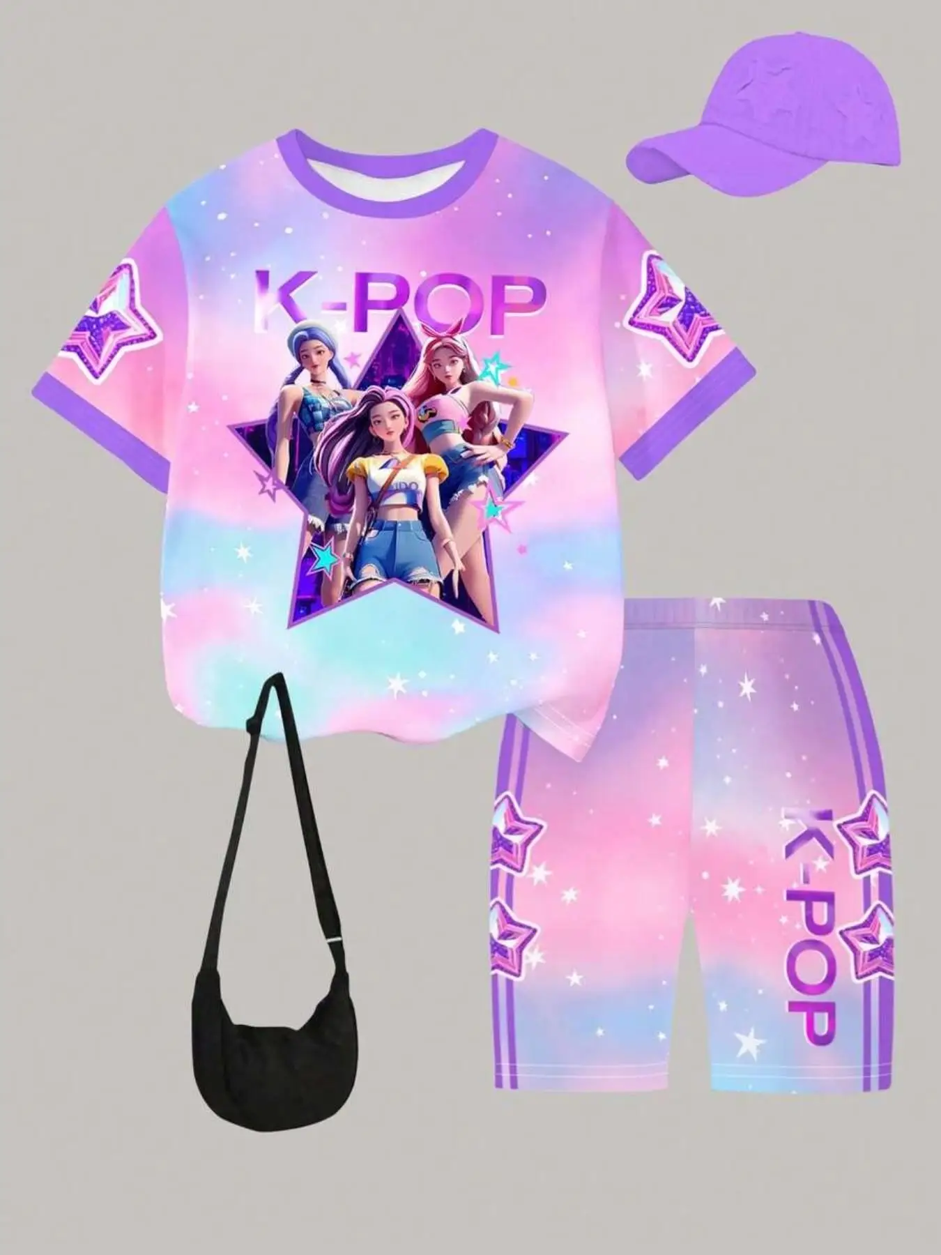 Zweiteiliges Mädchen-Outfit mit Farbverlauf im Sternenhimmel-Design und Anime-Idol-Print; bestehend aus einem kurzärmeligen T-Shirt mit Rundhalsausschnitt. – Detail 3