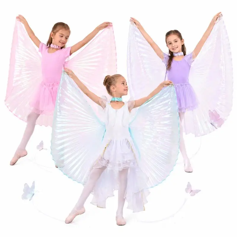 Alas de mariposa iridiscentes brillantes de 75 cm para danza, accesorio de actuación, alas hechas a mano con gancho, alas láser para ballet, accesorios de cuello colgantes.