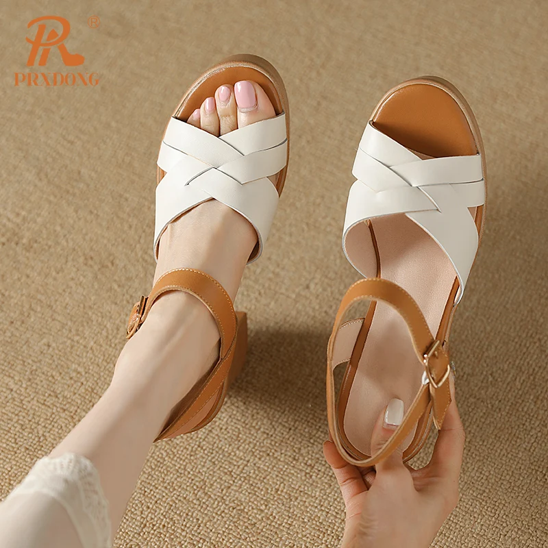 PRXDONG Genuine Leather Shoes Woman Sandals Chunky High Heels Platform Summer Shoes Brown Beige Dress Party Casual Lady 334-39