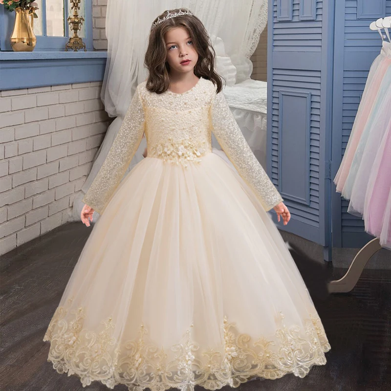 Zhongda Children\'s new wedding dress long-sleeved lace elegant girl clothing 4-12 years old beauty pageant long princess skirt