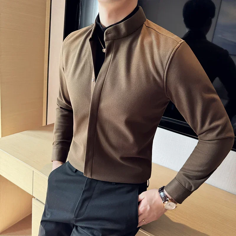 Fake Two-Piece Casual Shirt Sweater, Brown Slim Men's Half-High Collar Top, Brushed Fabric Stand Collar Shirt