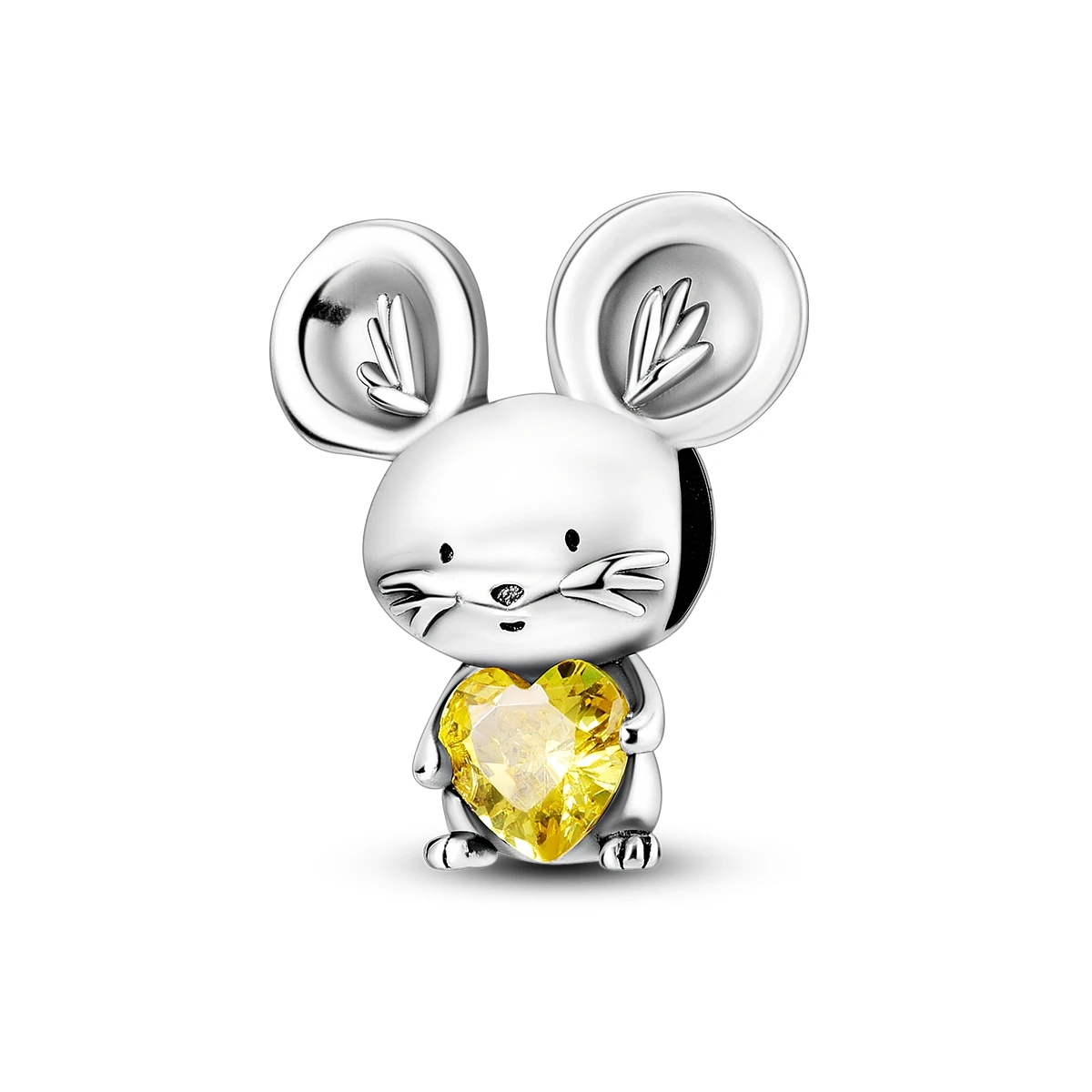 

925 Sterling Silver Cute Big Ear Mouse Charm Yellow Heart CZ Dangle Bead Fit Bracelets Adorable Animal Women Girls Jewelry Gift