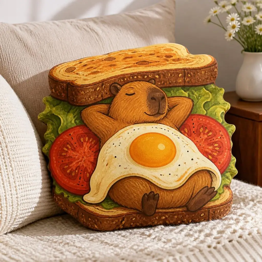 Capybara Breakfast Sandwich Shaped Pillow Cute Brunch Cushion Stuffed Throw Pillow Foodie Home Decor Gift for Animal Lovers
