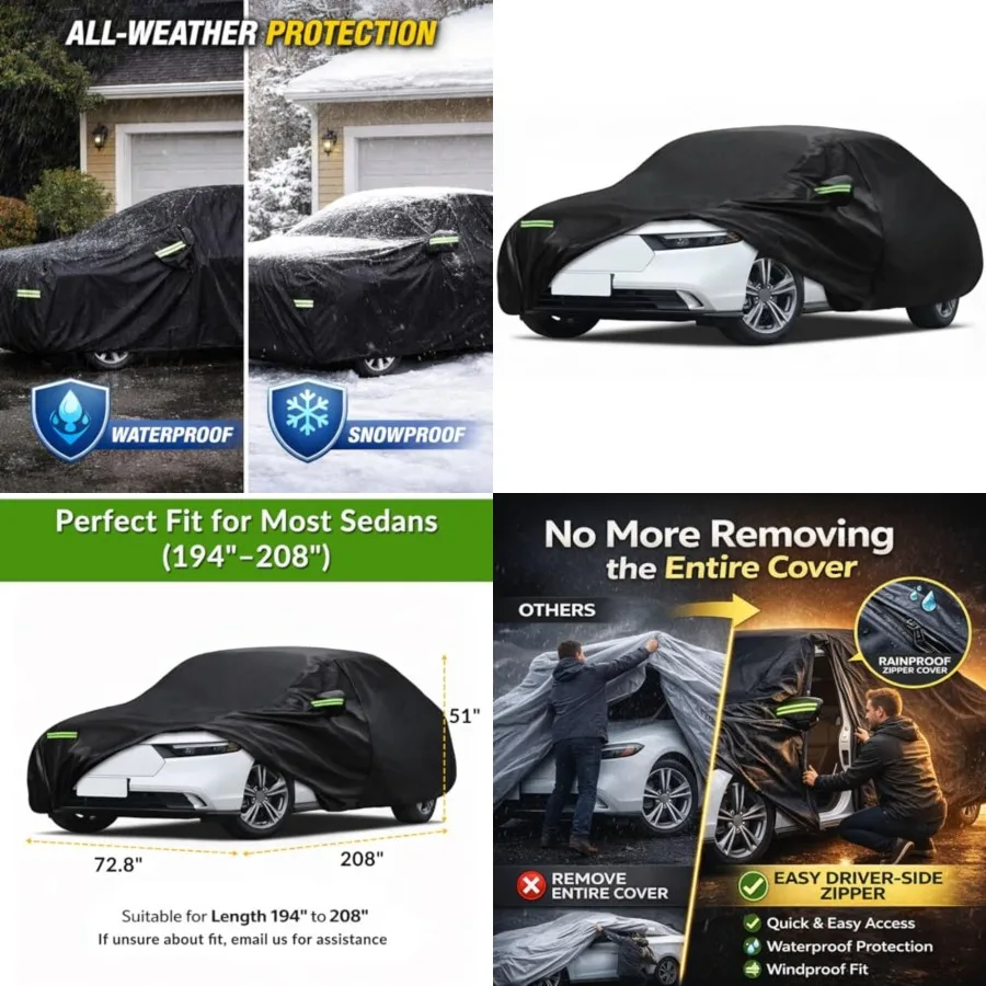 

Car Cover Waterproof All Weather for Automobiles, Outdoor Full Exterior Covers for Sedan Suggest Car Length from 194-208