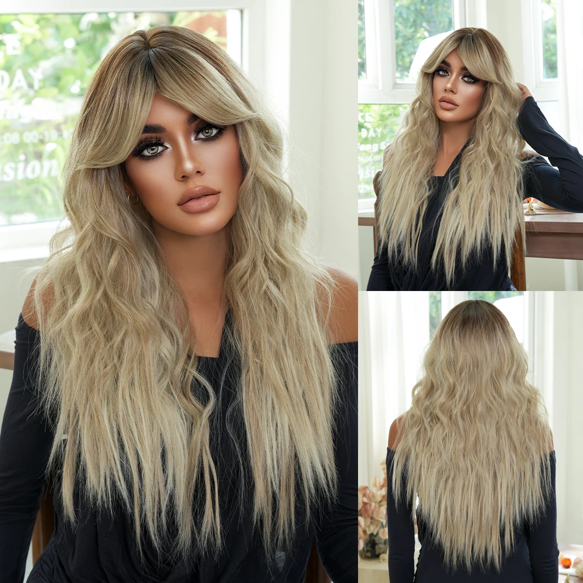 NAMM New Fashion Long Wavy Blonde Wig Natural Dark Roots Looking High Quality Fiber Synthetic Wig for Women Daily Use