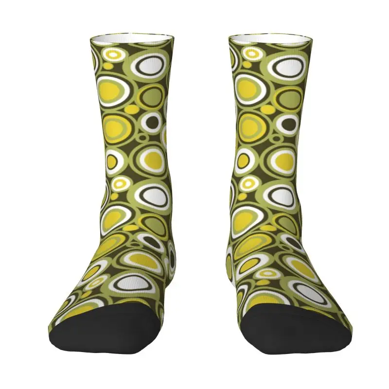 Custom Green Yellow And White Circle Retro Pattern Dress Socks for Men Women Warm Fashion Novelty Crew Socks