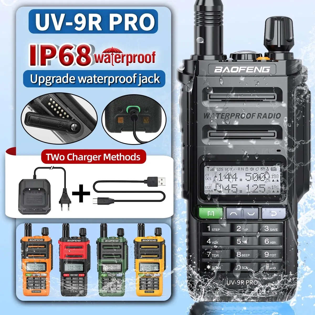 Baofeng UV 9R PRO V1 IP68 Walkie Talkie impermeable de alta potencia de doble banda UHF VHF de largo alcance CB Radio Upgrade UV 9R Plus