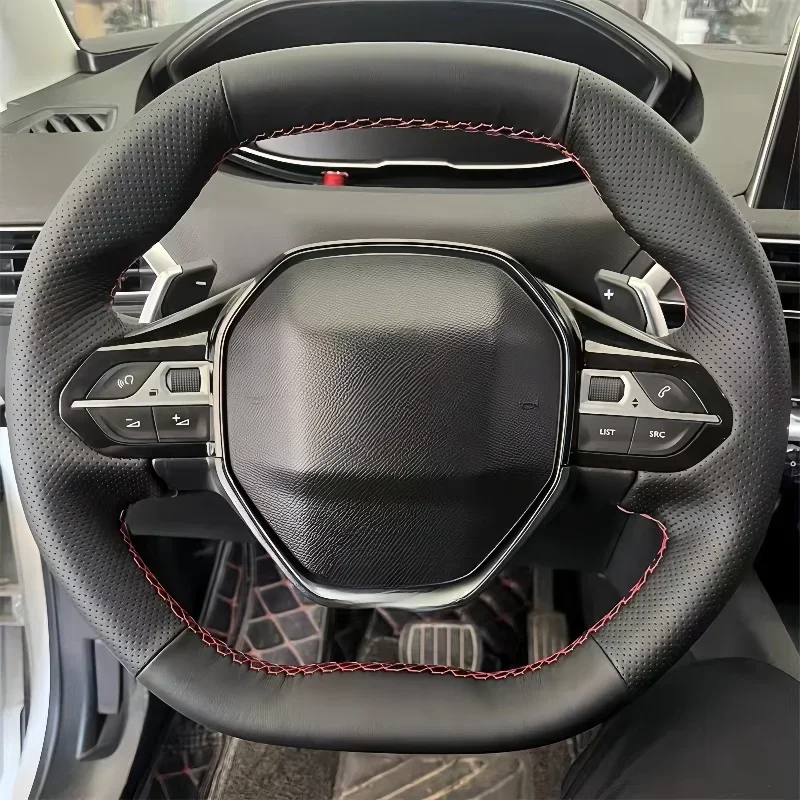 

For Peugeot E-208 2020 508 208 3008 4008 5008 16-20 Hand-stitched Black Microfiber Leather Steering Wheel Cover Car Accessories