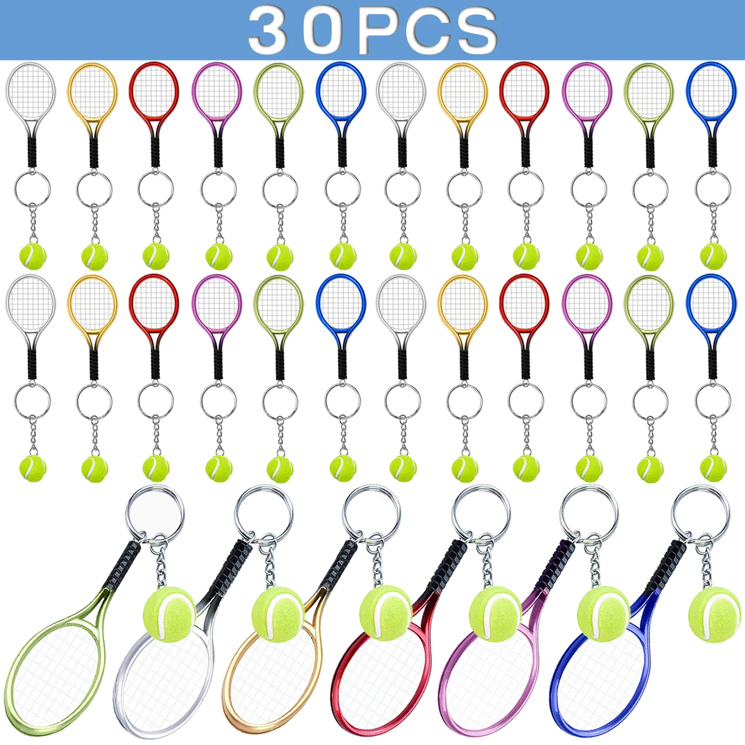 30Pcs Mini Tennis Racket Pendant Keychain Keyring Key Chain Ring Finder Holer Accessories For Lover's Day Gifts