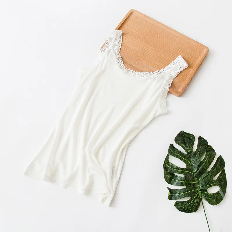 Birdtree 30% Silk Knit Rose Lace Camisole Tank Tops, Solid Sleeveless Round Neck Vest Sleepwear Spaghetti Strap 2026 New P3781QC