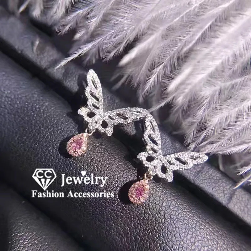 

CC Pink Butterfly Earrings Women 925 Silver Needle Wedding Jewelry Party Accessories Drop Stud Earrings CCE690