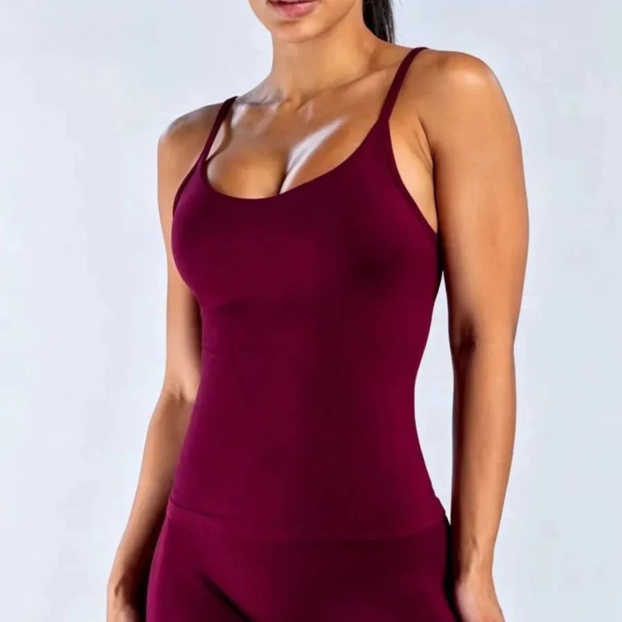 Women Pilates Tank Top Gym Fitness Clothes Yoga Vest with Built-in Bra Thin Strap Seamless Fitness Sportswear Workout Tops