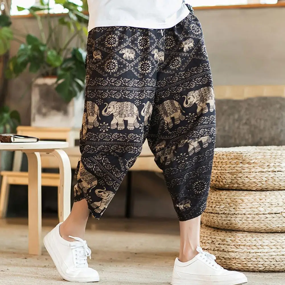 Harajuku Summer Loose Calf Length Casual Pants Men Wide Leg Cotton Linen Printing Baggy Pants Oversize Men\'s Trousers