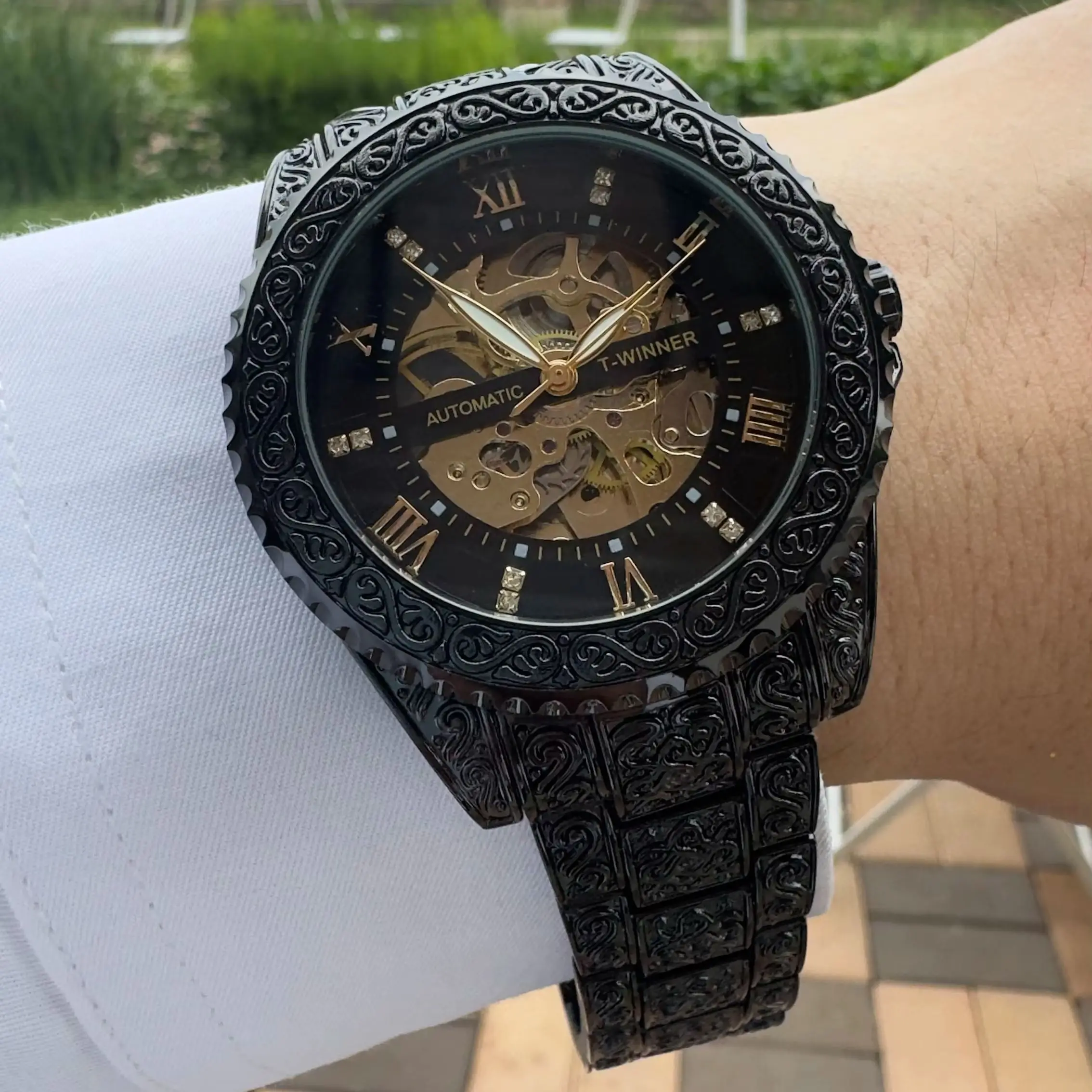 WINNER Retro Skeleton Automatic Mechanical Watch for Men Carved Stainless Steel Strap Business Mens Watches Top Brand Luxury New