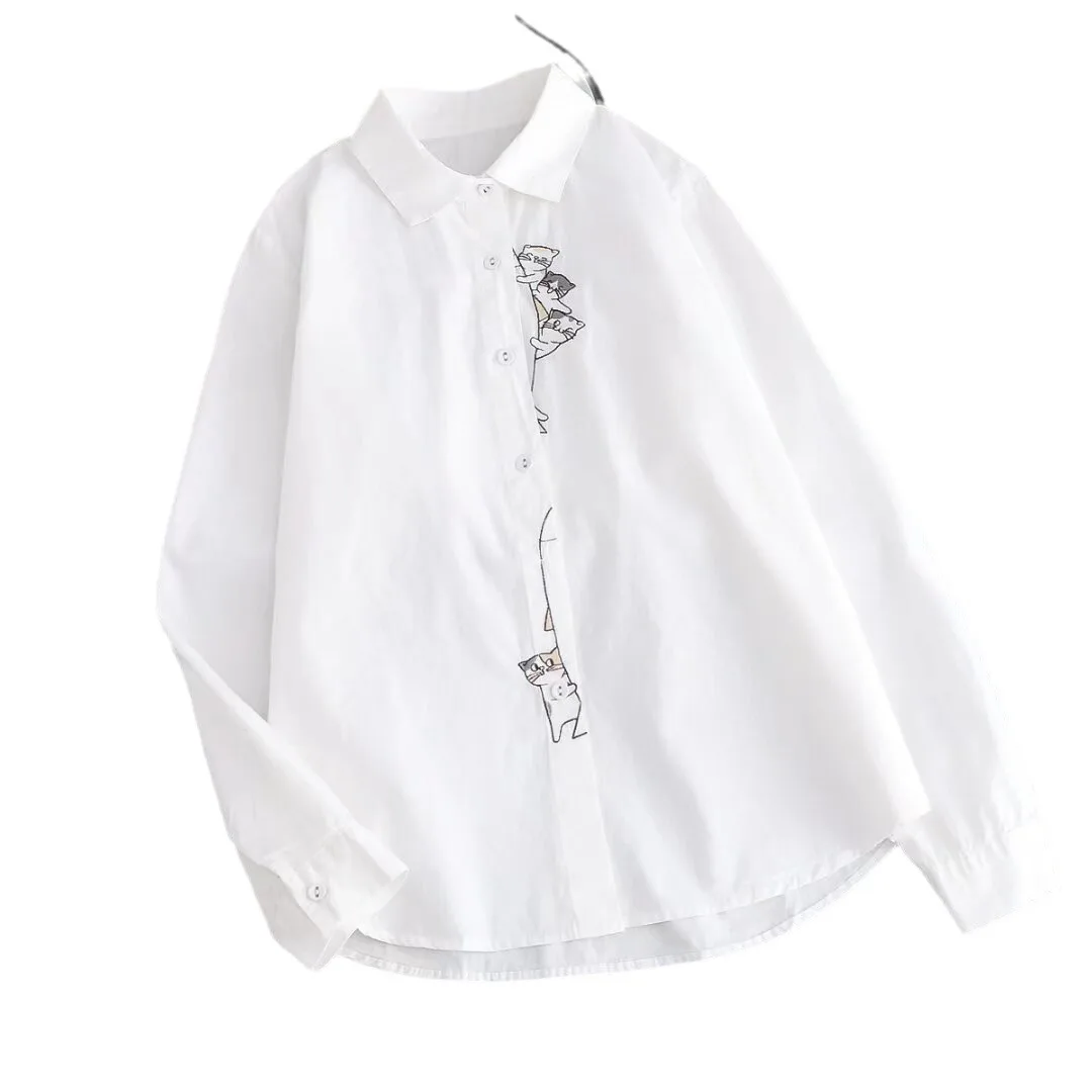 New Spring Cotton Embroidery Shirt Women Lapel Loose Top Girl Long Sleeve Funny Cute Age Reduction Blouses 2024 Autumn T43154QC