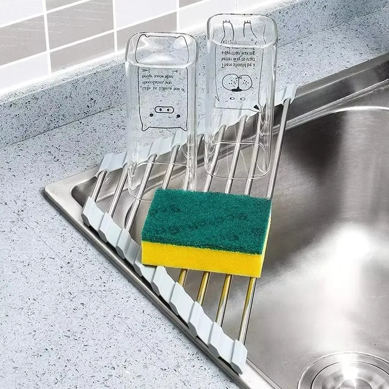 Escorredor de Louça Triangular Dobrável de Aço Inoxidável para Canto de Pia, Organizador de Pia de Cozinha, Suporte para Esponja e Pano