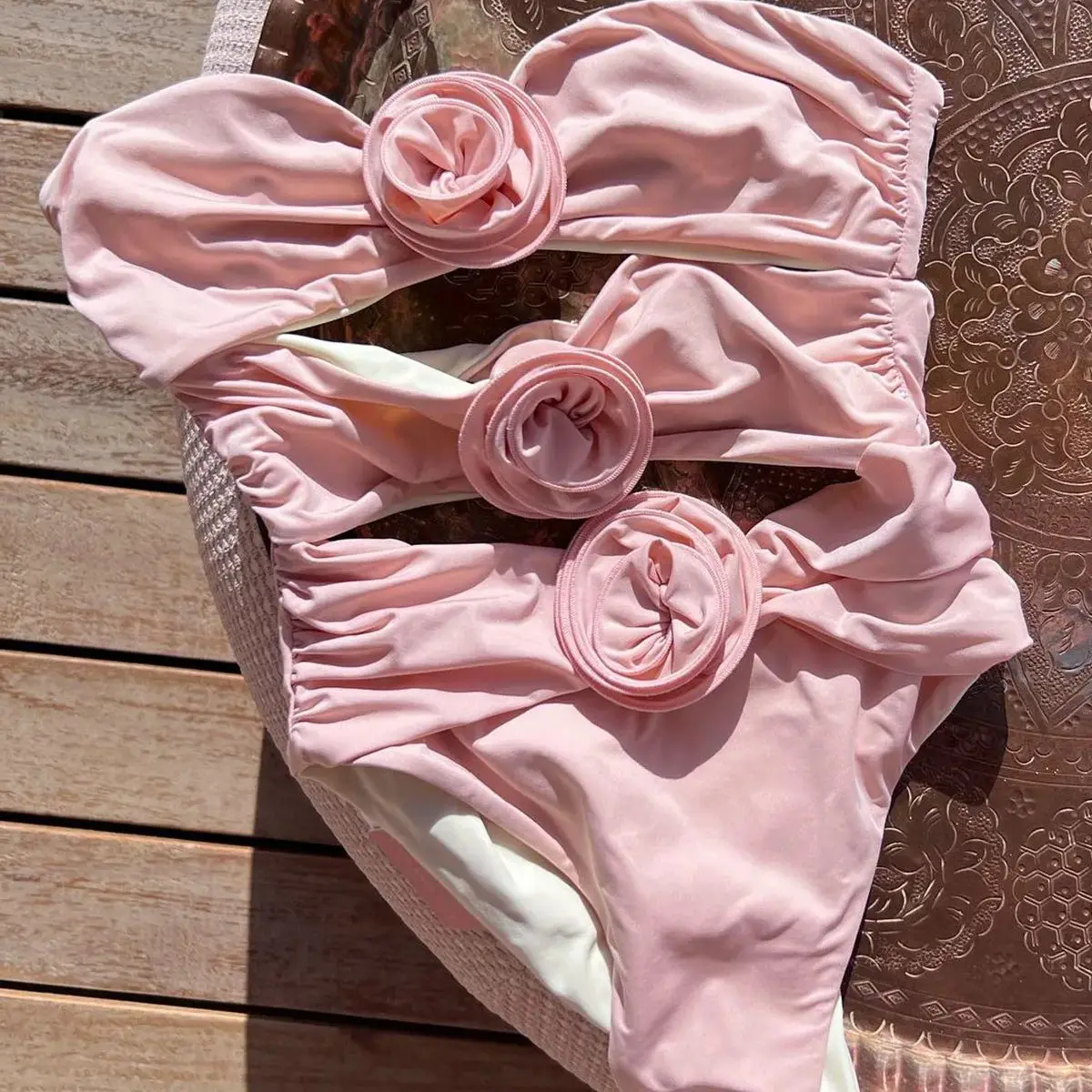 

DEKA Solid Floral Ruffle One Piece Swimsuit Hllow Out Push Up Women Bikini Set Swimwear Slimming Bathing Suit Beach Wear
