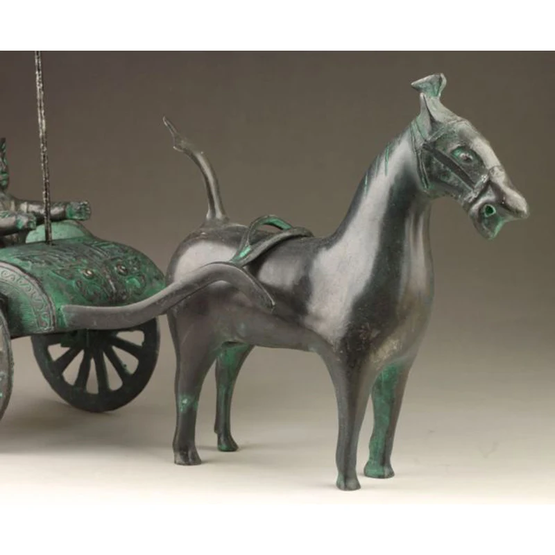 Elaborate Chinese Vintage Collection Handmade Old Bronze Vivid Horsedrawn Wagon Statue