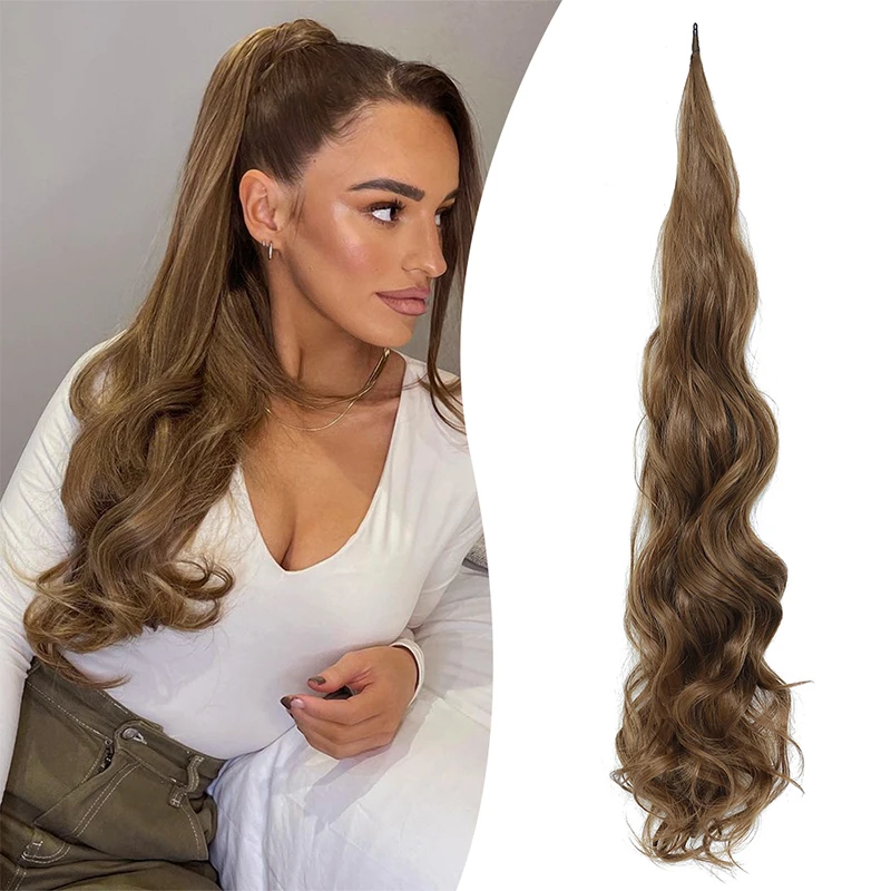 Cola de Caballo de onda larga para mujer, postizo sintético, extensiones de cola de caballo onduladas naturales, marrón, 32 pulgadas