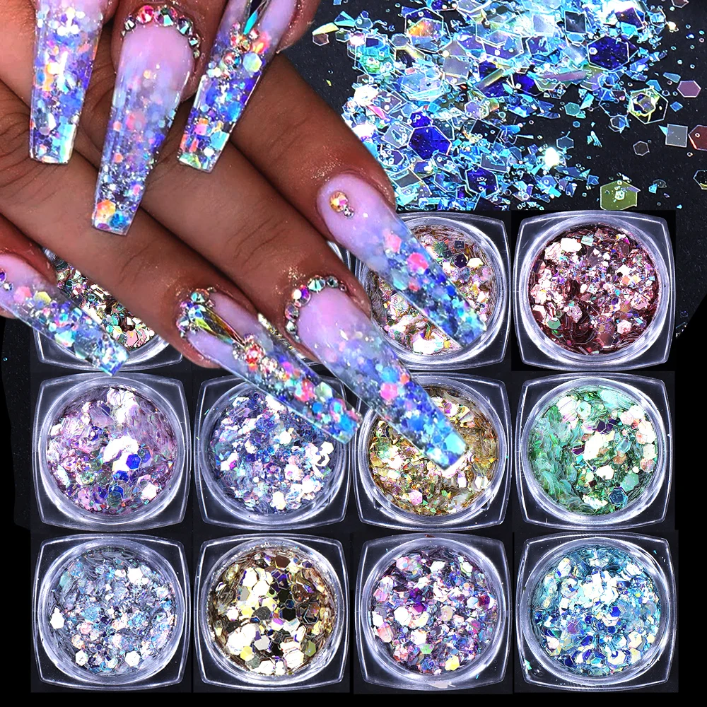 12 colors Holographic Hexagon Nail Sequin Shiny Nail Glitter Flakes Chunky Iridescent Sequins Manicure Decorations Nail Supplies
