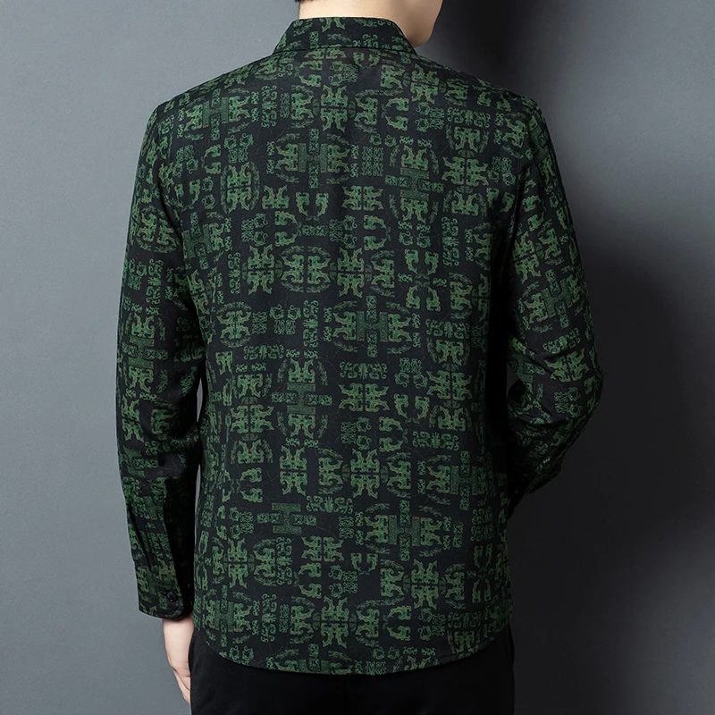 Gambiered Canton Gauze Green Shirts For Men Long Sleeve Premium Autumn Quality Geniune Silk 100% Skin-Friendly Camisas De Hombre