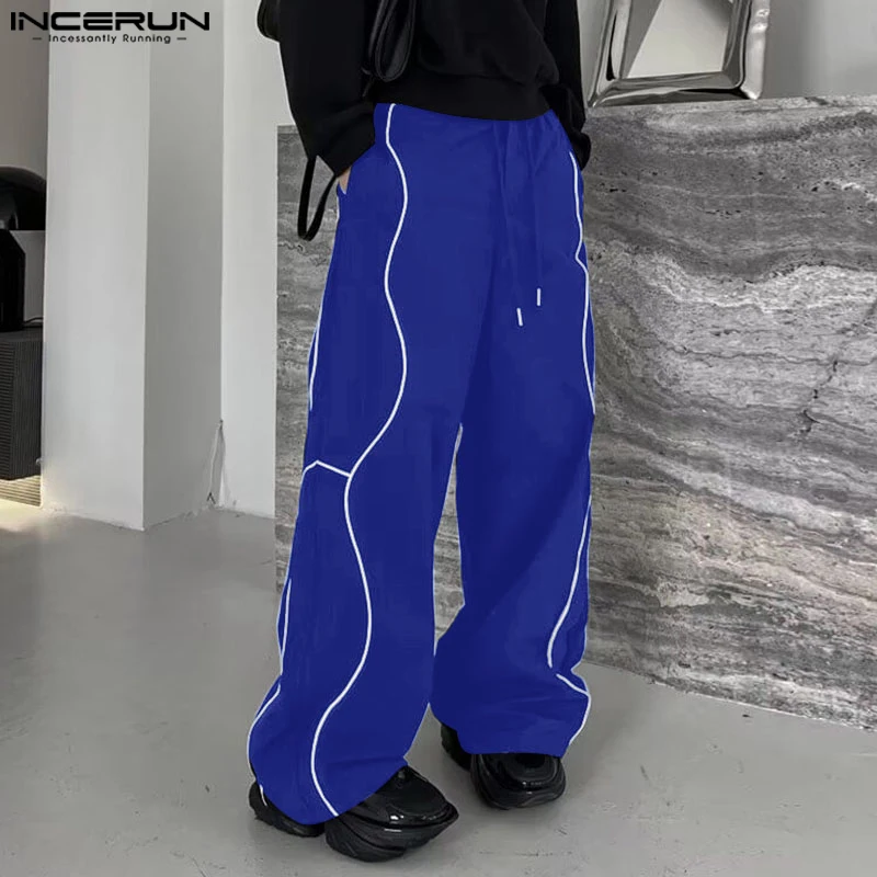 2024 Men Casual Wide Leg Long Pants INCERUN Harajuku Simple Elastic Waist Trousers Reflector Splicing Design Handsome Bottoms